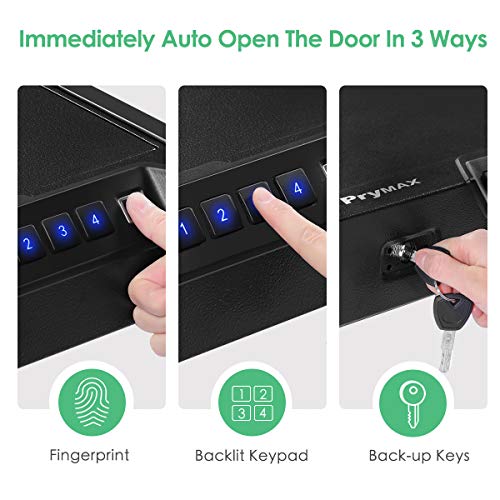 PRYMAX Biometric Gun Safe, Smart Handgun Safe with 4 Digits Code, Quick Fingerprint Access Gun Box with Auto-Open lid, 2 Pistol Capacity, Gun Cabinet for Home, Personal and Car Security