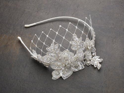 Luxurious Crystal Embellished Lace Floral Wedding Bridal Headband with Veil - White