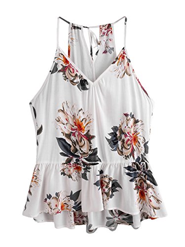 ROMWE Women's Flower Print Floral sexy Keyhole Self Tie Back Peplum Ruffle Cami Top white S