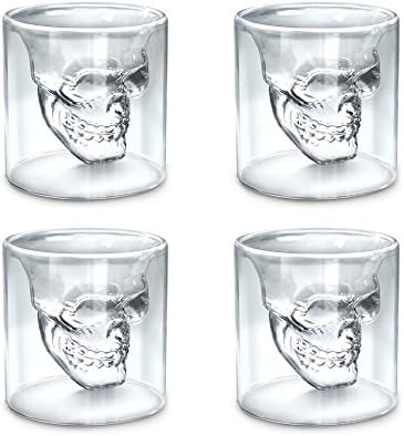 4 pcs/set Double Wall Transparent Crystal Skull Head Shot Glass Cup Set For Whiskey Wine Vodka Home Drinking Ware Man Gift Cup (75ml)