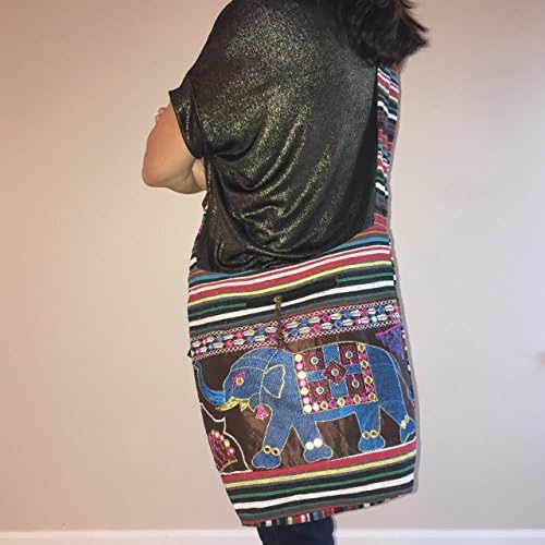 Hippie Hobo Cotton Sling Crossbody Bag Messenger Purse Elephant (Brown)
