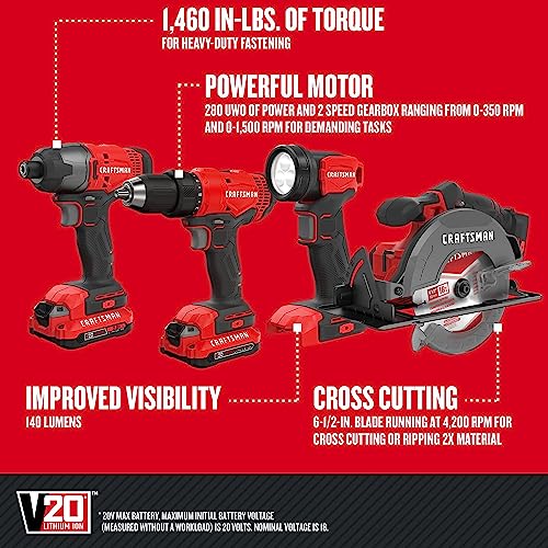 CRAFTSMAN V20 MAX Power Tool Combo Kit, 4Tool Cordless Power Tool Set