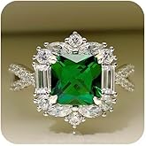 925 Sterling Silver Women Emerald Engagement Ring Double Stone Ring Emerald Anniversary Emerald Solitaire Engagement Ring for Women May Birthstone Rings Paved Cubic Zirconia Wedding Rings Size 10