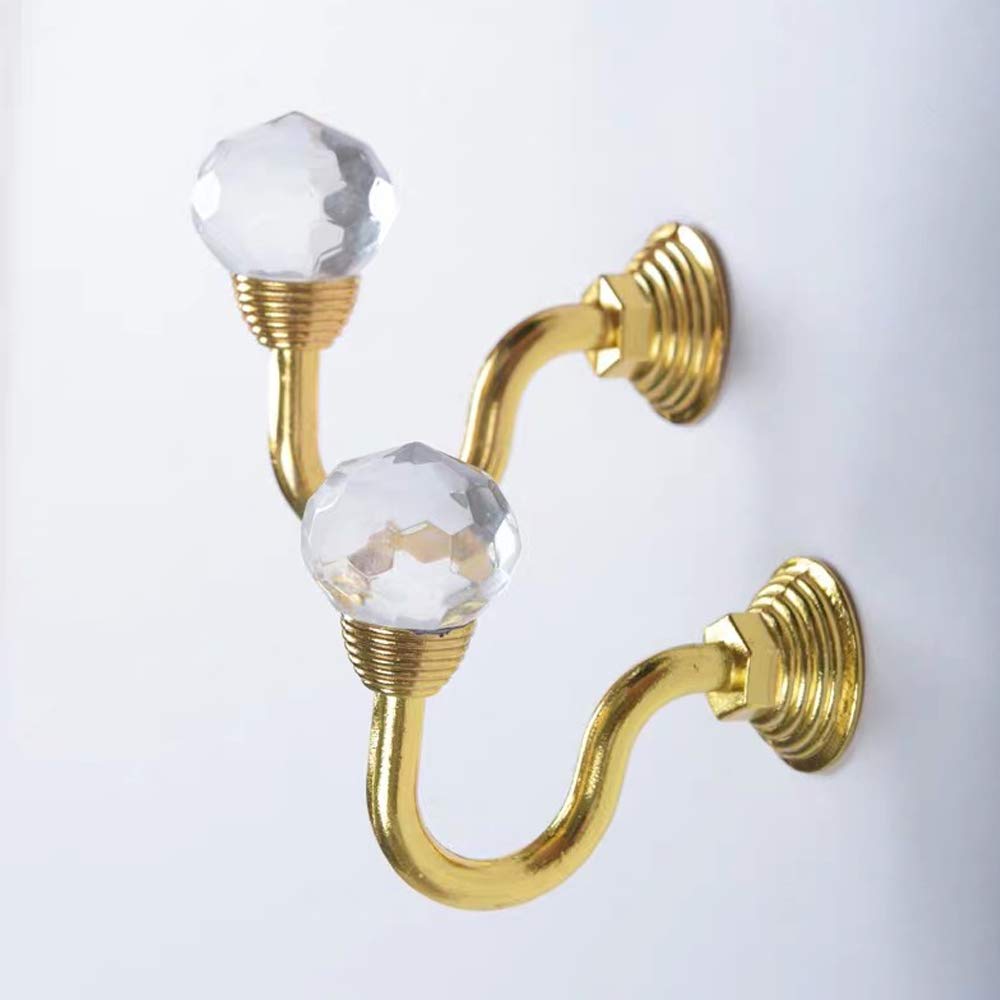 2 Pcs Glass Crystal Balls Deco Metal Curtain Holdbacks, Wall Mounted Windows Curtain Tie Backs Wall Hook Holder for Curtains, Coat, Umbrellas, Keys (Gold)