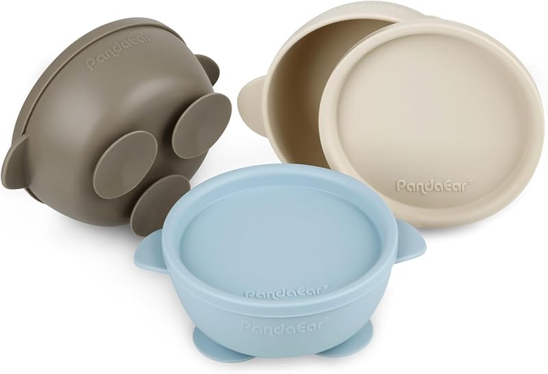 PandaEar 3 Pack Baby Suction Bowls with Lids Blue Brown Tan Silcone BPA-Free