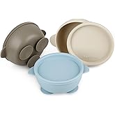 PandaEar 3 Pack Baby Suction Bowls with Lids| Leak-Proof Stay Put Silicone Food Bowl for Babies Kids Toddlers Infants| Food Grade Soft Safe BPA-Free Silicone (Blue Brown Tan)