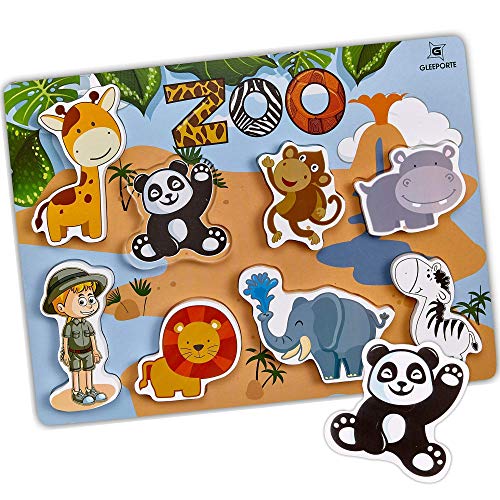 Gleeporte Wooden Chunky Puzzle Zoo Animal Pieces Learning Educational Puzzle Board with Free Standing Pieces for Toddlers & Kids (8 pcs)