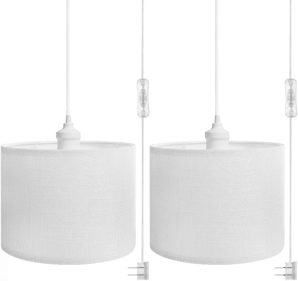 QITIM 2 Pack Plug in Pendant Light Indoor, White Linen Shade Hanging Light Fixture for Kitchen, Living Room, Dining Table, 15FT Clear Cord with On/Off Switch, E26 Socket - - 