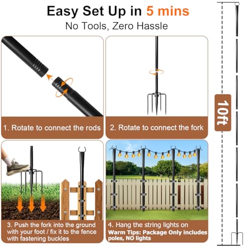 6 Pack String Light Poles for Outside, Upgraded Heavy-Duty Metal Poles for Outdoor String Lights with Fork, Adjustable Lighting Hanging Accessories for Patio Decor Pergola Backyard Garden Decorations