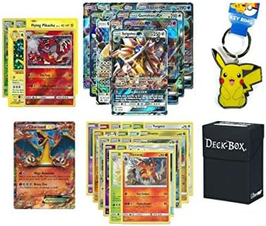 100 Authentic Pokemon Cards with Guaranteed GX Card, Charizard EX, 5 Holos, 5 Rares, Uncommons/Commons, Pikachu Keychain and Ultra Pro Deck Box Pokemon Card Holder Bundle!