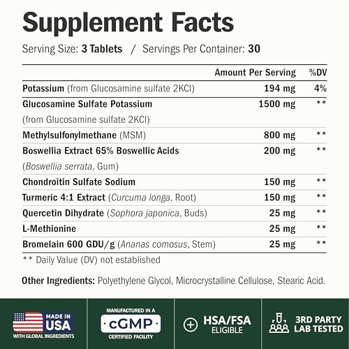 Glucosamine Chondroitin MSM – Joint Supplements for Men and Women with Glucosamine Sulfate 1500 mg – Joint Health Supplement for Cartilage, Mobility and Joint Support – Easy to Swallow – 90 Tablets