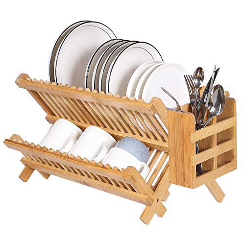 Luckore Bamboo Dish Drying Rack,Collapsible Compact Dish Drainer Rack,2