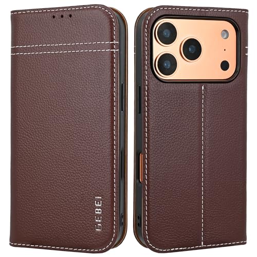 Gebei Hülle Echt Leder für iPhone 17 Pro (6,3") - Premium Echte Lederhülle mit Standfunktion Kartenfach Magnetverschluss Flip Case Ledertasche Handyhü