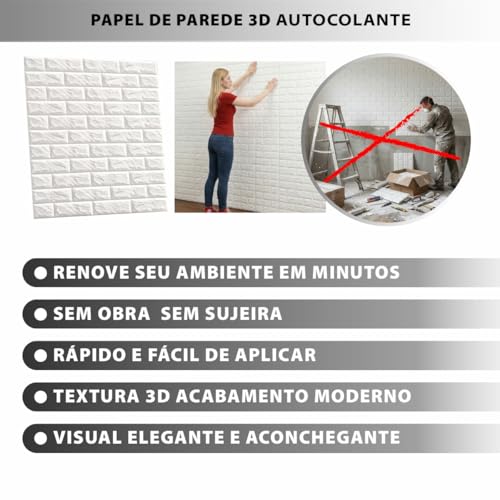 Bisbel Painel 3D Autocolante Adesivo Tijolinho Branco 77x70 cm – Placa Decorativa para Sala, Quarto e Escritório (10)