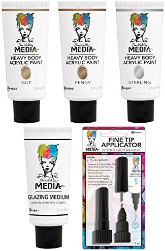 Ranger - Dina Wakley Media - Heavy Body Acrylic Paints - Metallics, Glazing Medium and Fine Tip Applicator Bundle