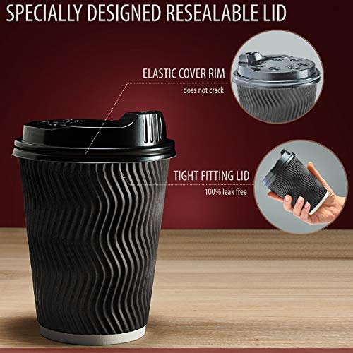 Insulated Disposable Coffee Cups with Lids & Straws 12 oz, 100 Packs - Paper Cups for Hot Beverage Drinks To Go Tea Coffee Home Office Car Coffee Shop Party - FDA Approved (black) - Thumbnail 3