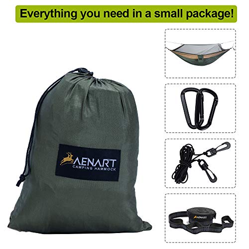 Camping Hammock with Mosquito Net, Lightweight Nylon Double Hammock, Portable Parachute Hammock for Backpacking, Travel, Beach, Backyard, Hiking - 2 Carabiners and Tree Straps(Green,78''W x 118''L)
