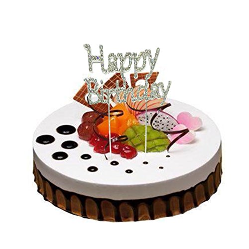 Happy Birthday Cake Topper-Sparking Rhinestones Crystal Cake Decoration Party Supplies,silver