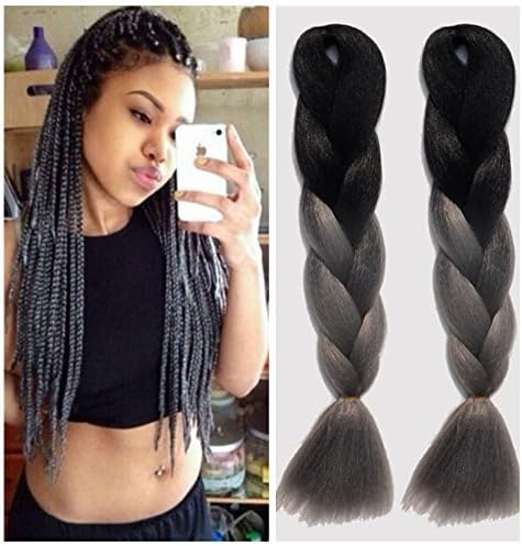 Kanekalon Fiber Ombre Xpression Braiding Hair For Box Braids Extensions 100G/Pcs 24 Inch Black/Gray Ombre Braiding Hair 5 Pieces