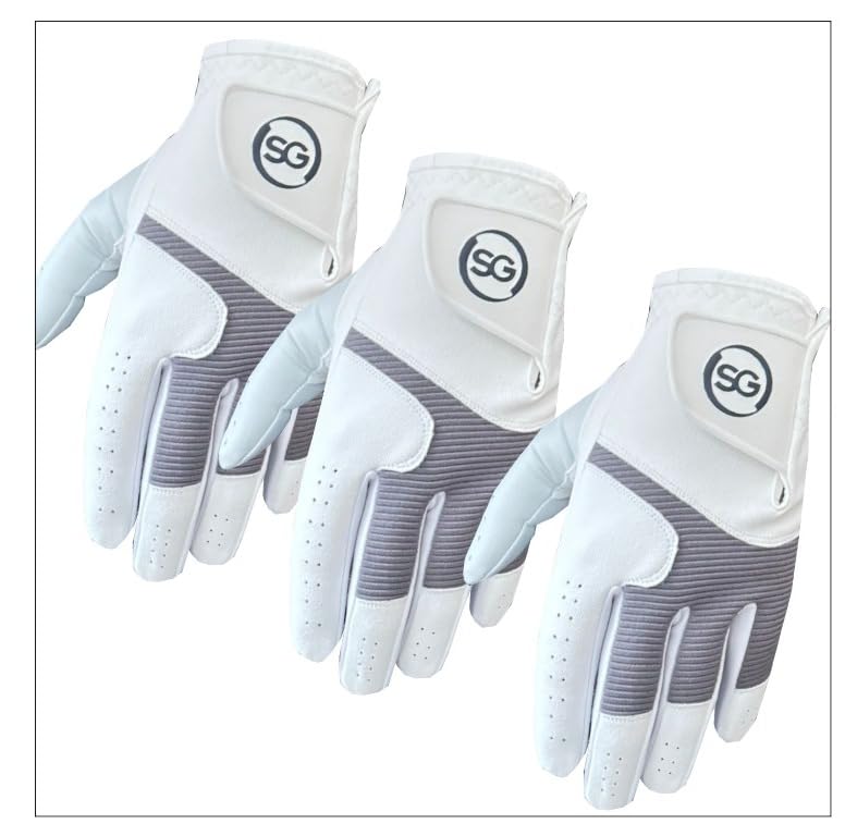 Pack of 3 Synthetic microfiber Men's Golf Gloves Cabretta Leather Thumb, Palm Patch, Suitable for All Weather Conditions, Soft Feel Grip, Left/Right Handed Golfer, White&Grey Pilot (L, Left)