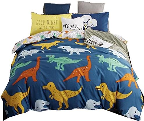 Ningkotex Cartoon Dinosaurs Print Kid's Duvet Cover Set Blue King Queen Full Boy's Bedding Sets (Full)