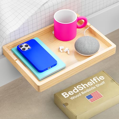 Smallish BedShelfie Bedside Shelf for Bunk Bed & Top Bunk, College Dorm Room Essentials, Loft Nightstand, Floating Bed Side Table Tray Storage, Dorm Room Decor (Flexfit Model, Natural)