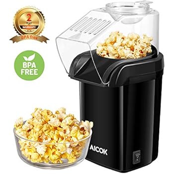 Aicok Hot Air Popcorn Popper, 1200W Fast Popcorn Maker with Measuring Cup, Oil-Free & Low-Fat, Removable Lid, Easy To Cleanup, FDA Certified, Black