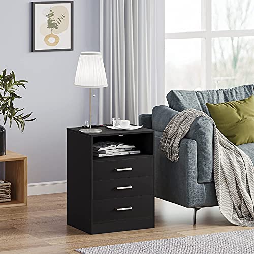 ADORNEVE Black Nightstand with USB Port, Side End Table,with Storage