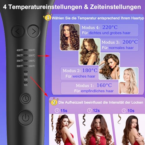 BUJIYI Automatic Curling Iron, Large Curls, with 4 Adjustable Temperatures, Quick Heating, Long-Lasting Hairstyle, Black