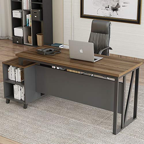 Tribesigns Large L-Shaped Desk, Executive Office Desk Computer Table Workstation with Storage, Business Furniture with File Cabinet, Dark Walnut + Stainless Steel Legs - Thumbnail 2