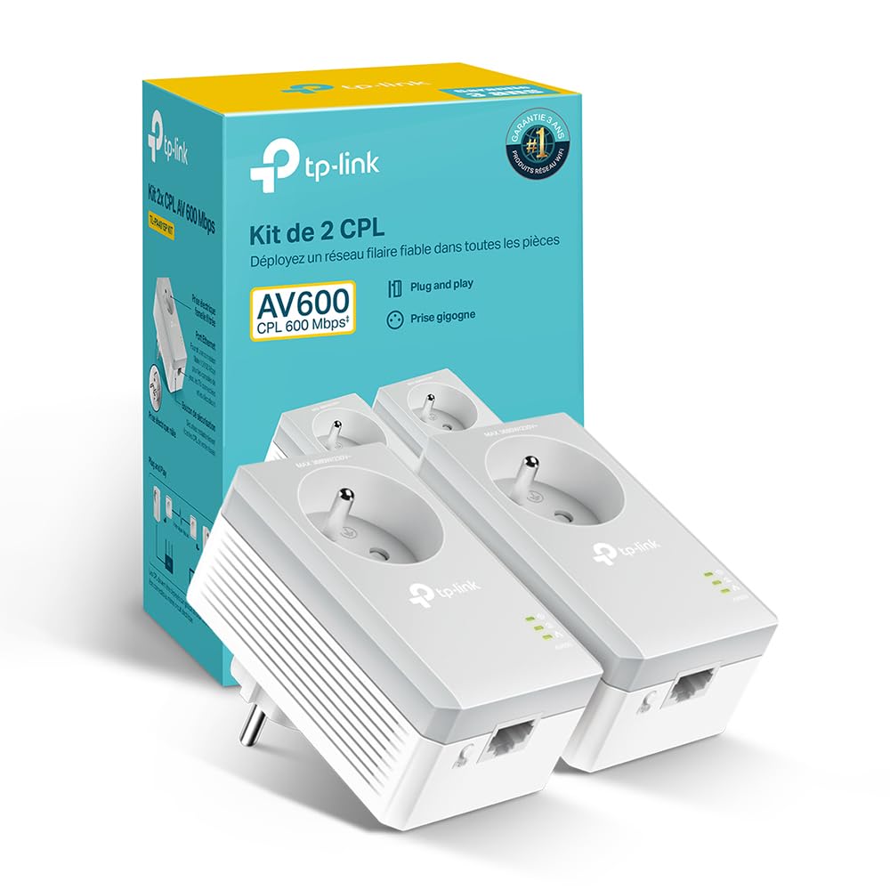 TP-Link TL-PA4015P KIT, CPL AV500 (600 Mbps Debit), 1 Port Fast Ethernet, Prise Integrated French Version, Pack of 2 CPL