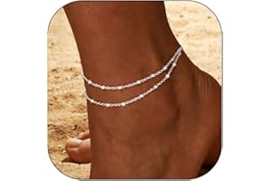 TOSGMY Gold Silver Ankle Bracelets for Women, 14K Gold Anklets for Women Waterproof Cuban Figaro Link Gold Anklet Set Layered Glitter Ankle Bracelet Silver Anklets for Teen Girls Jewelry Gift