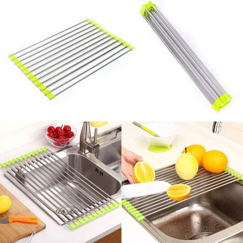 Rollable Dish Drying Rack, Holoras 2Pcs Foldable Stainless Steel Over the Sink Dryer Multipurpose Kitchen Drainer Drying Mat for Fruits Vegetables