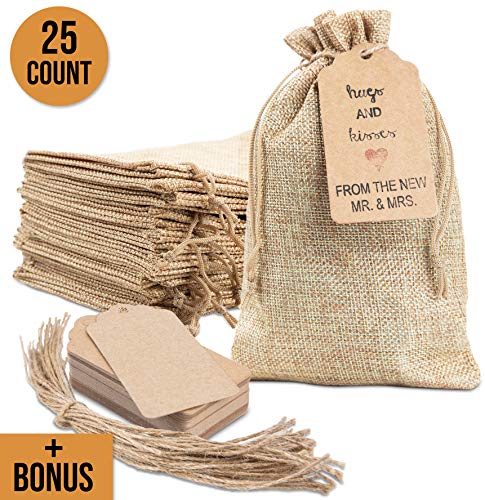 25x Burlap Bags with Drawstring by Kona Kift! 5x7.5" Small Party Favor Gift Bags + Bonus Gift Tags & String! Brown Bags Bulk Small Size for Birthday Bag, Craft Bags Or Party Bags for Kids Birthday!