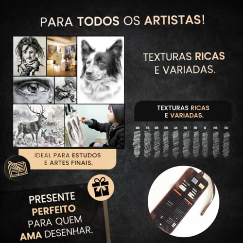 Kit Lápis de Desenho Profissional 29 Peças com Estojo Portátil, Lápis Artísticos, Borrachas, Estilete e Acessórios para Artistas e Estudantes Linha Super Premium 2H B HB 2B 3B 4B 5B 6B 7B 8B