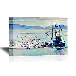 Canvas Wall Art - Seagulls and The Fishing Boat - Gallery Wrap Modern Home Art | Ready to Hang - 12x18 inches