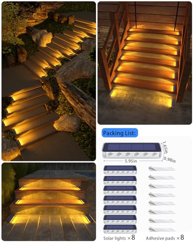 DetarZinLED Pack of 8 Outdoor Solar Garden Stair Lights, IP68 Waterproof, Warm White LED Solar Light for Garden, Path, Stairs, Driveway, Patios, Floor