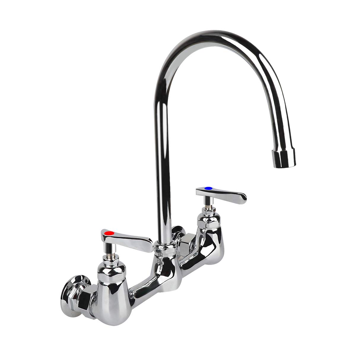 Photo 1 of KWODE Wall Mount Faucet 8 Inch Center Commercial Kitchen Sink Faucet with 6" Gooseneck Swivel Spout 2 Handles Control Brass Contructed Chrome Finish