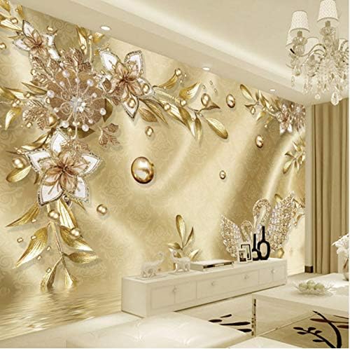 European Style Luxury Golden 3D Flower Damask Jewelry Pattern Background Decoration Mural Wallpaper for Living Room Home Decoration(W)300X(H)210Cm