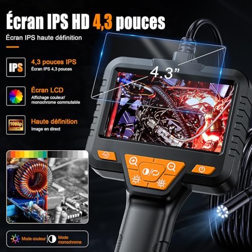 Caméra Endoscopique,avec Écran IPS 4,3 Pouces, Caméra d'inspection des égouts et des canalisations, caméra étanche IP67 en Forme de Serpent, avec 8 LED Réglables, Câble Semi-Rigide de 5M