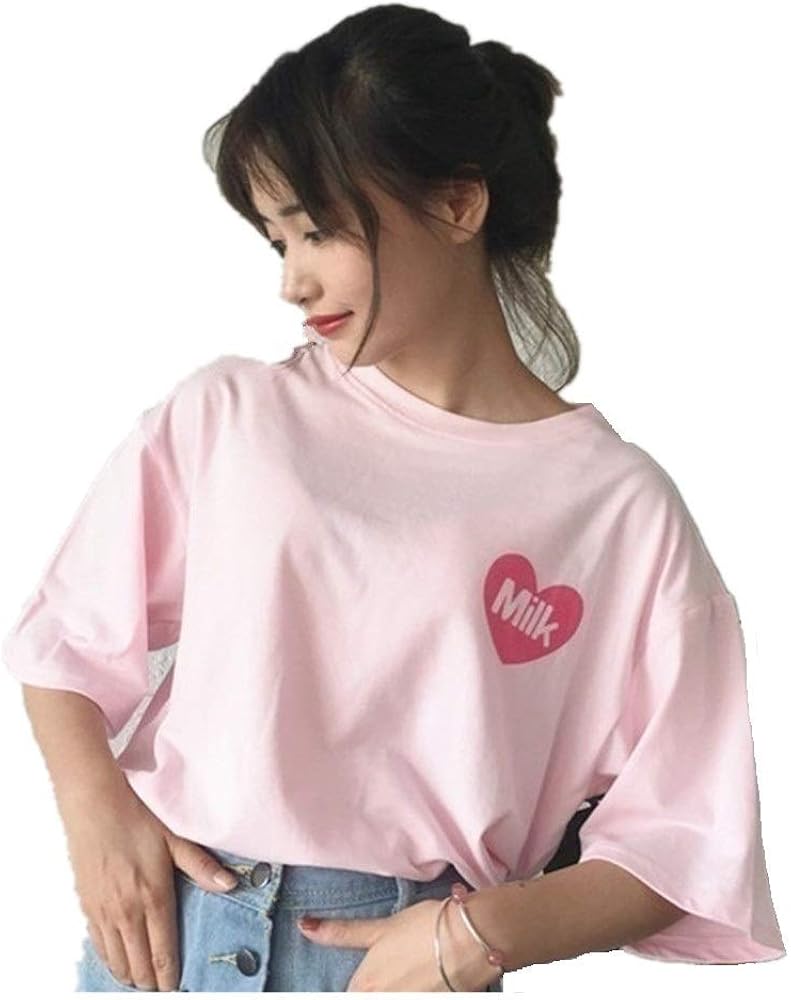 HaoKe Women Girls Japanese Kawaii Strawberry Milk Box Graphic T-Shirt Fairy Kei Short Sleeve Pink Gift