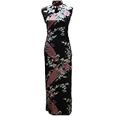 7Fairy Women's Silk Black Keyhole Peacock Long Chinese Dress Qipao
