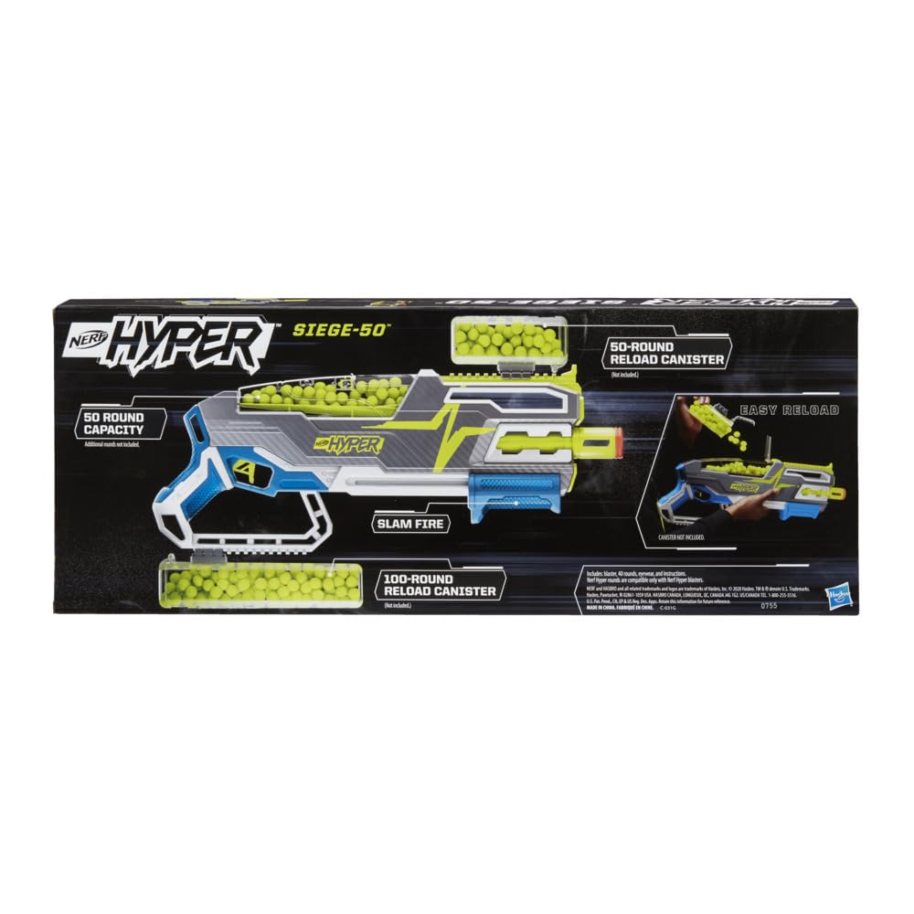 Nerf Hyper Siege-50 Pump-Action Blaster, 40 Hyper Rounds, Holds Up to 50 Rounds, Glasses, Up to 110 FPS Velocity, Easy Reload, Toy Foam Blasters