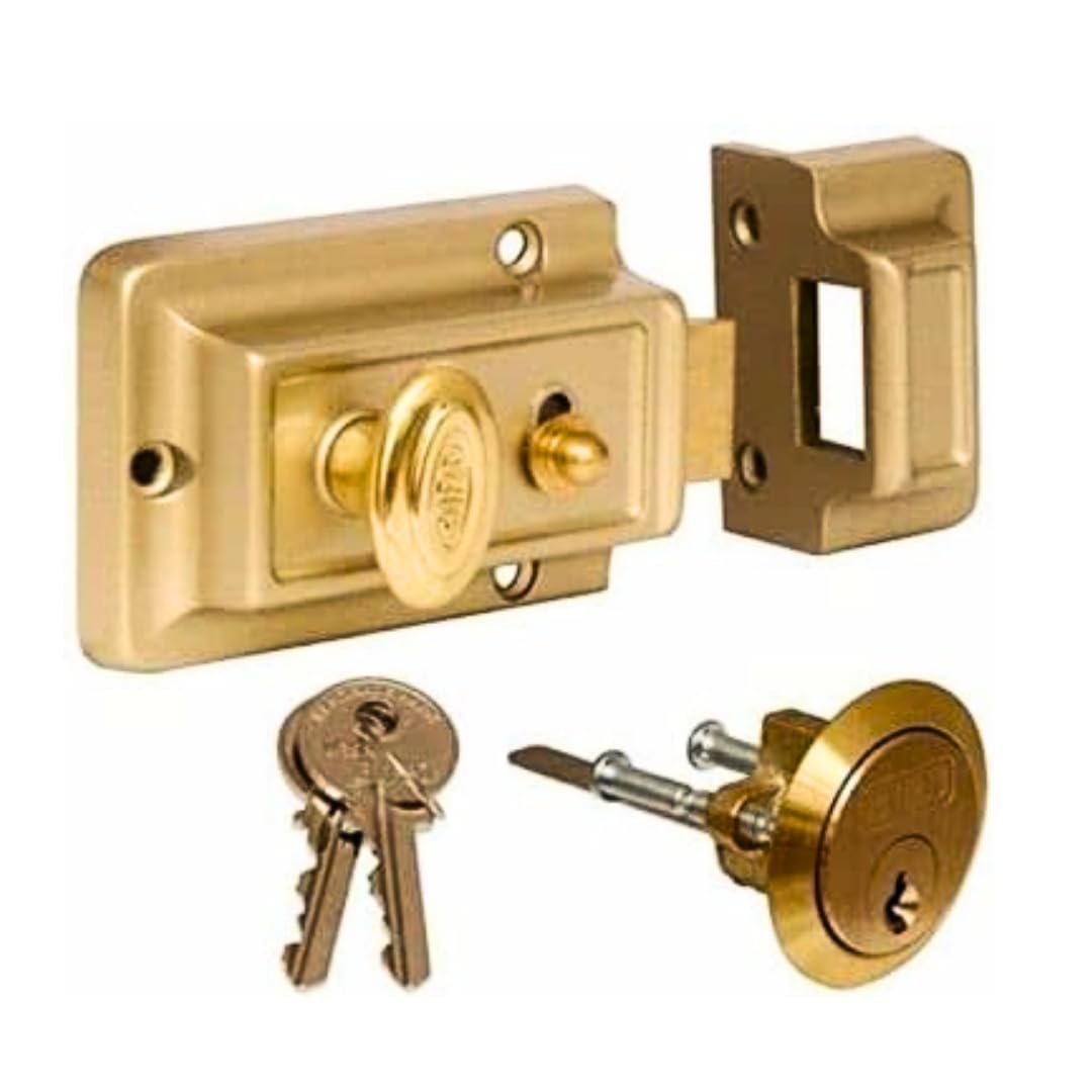 Garden Mile 3 Key Rim Night Latch Door Lock - Polished Brass Gate Lock Extra Security Front Door Lock Latches Fixings Backset Cylinder Safety for Gate, Shed, Latch, Flat Smart