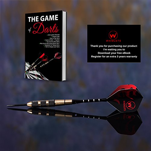 Whimlets Professional Darts Set-6 Steel Tip Darts with Black Aluminium Shafts and 9 Standard Flights+Dart Sharpener+Free eBook+Premium Case, 20 Grams Brass Darts-Perfect for All Levels