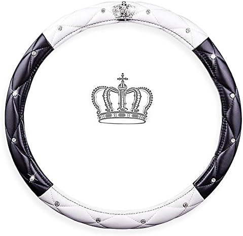 FLKAYJM Car Steering Wheel Cover for Girls & Women 38CM/15'' Universal Car Steering Wheel Cover Crown Diamond PU Leather Non-Toxic Safe Driving Steering Cover - Black&White