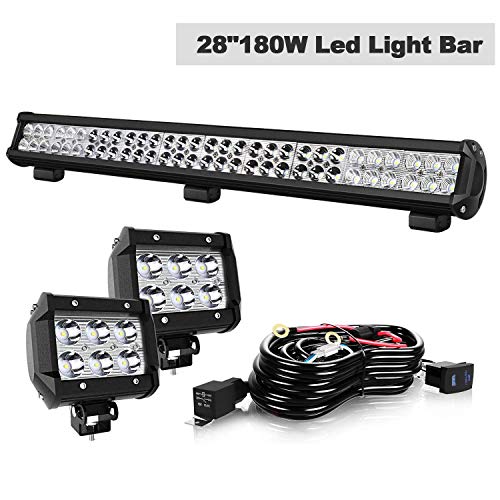 TURBOSII DOT Approved 28″180W 12V-24V Spot Flood Offroad Led Light Bar + 4IN Pods Cube Fog lights Auxiliary Driving Lamp On Bumper Roof Grille Windshield For UTV Truck Tacoma ATV Jeep Polaris RZR GMC