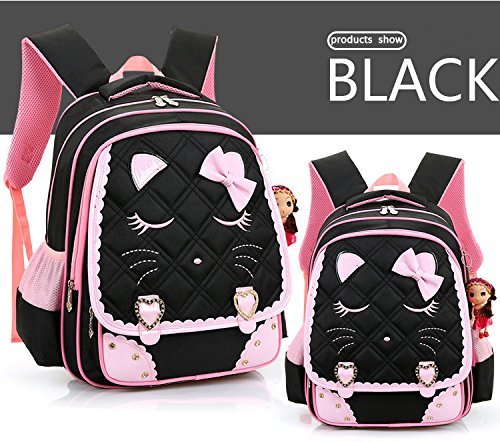 Efree Cute Cat Face Bow Diamond Bling Waterproof Pink School Backpack Girls Book Bag (Large, Black)