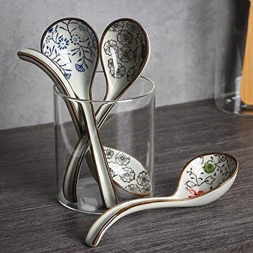 Ceramic Soup Spoons Set of 4 Porcelain Japanese Soup Spoon Long Handle