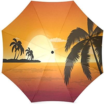 Beautiful Sea Beach Sunset Scenery Palm Trees Custom Folding Portable Outdoor Rain /Sun Umbrella Beach Travel Shade Sunscreen For Women/Men